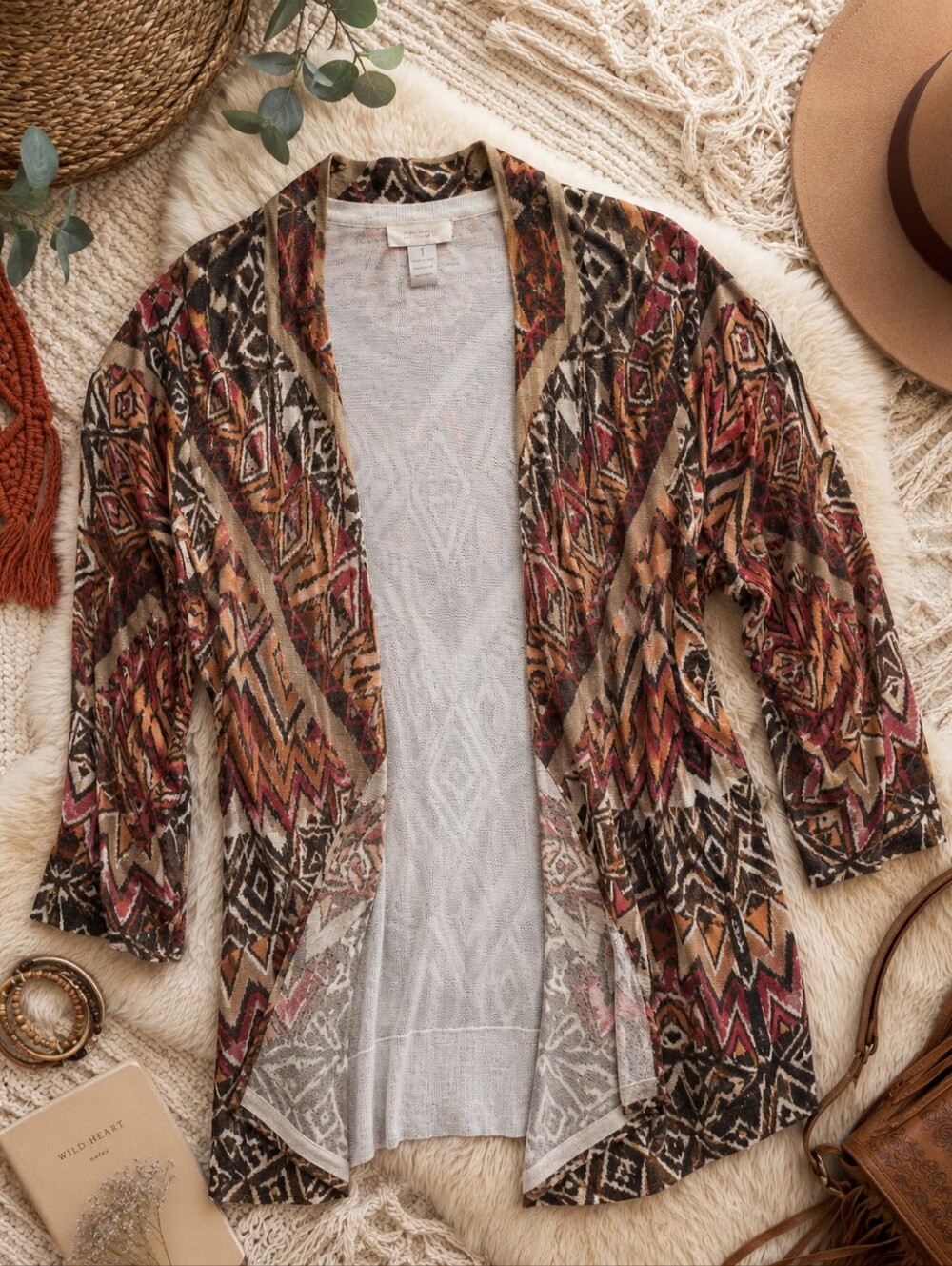 Chico's Open-Front Aztec Cardigan in Rust, Tan, Black & Cream SZ 1‎ ( MED)